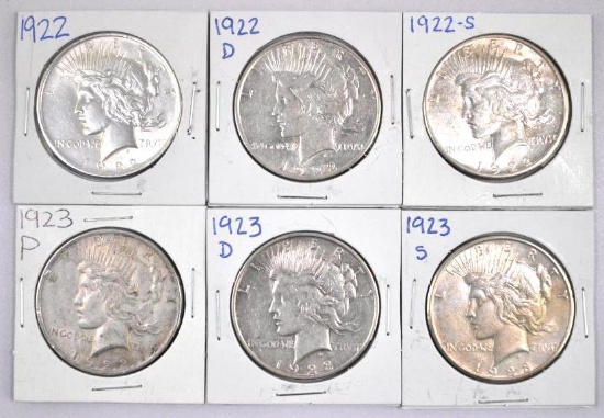 Group of (6) Peace Silver Dollars.