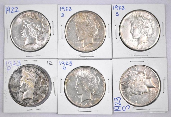 Group of (6) Peace Silver Dollars.