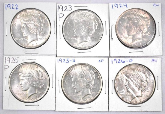Group of (6) Peace Silver Dollars.