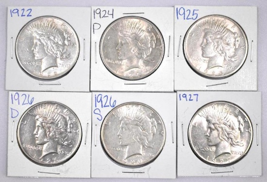 Group of (6) Peace Silver Dollars.