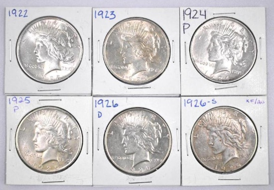 Group of (6) Peace Silver Dollars.