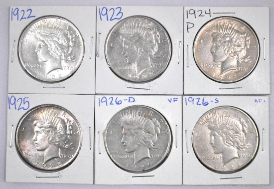 Group of (6) Peace Silver Dollars.
