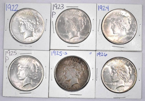 Group of (6) Peace Silver Dollars.