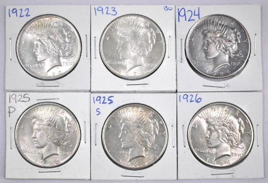 Group of (6) Peace Silver Dollars.