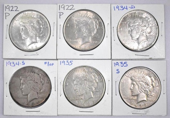 Group of (6) Peace Silver Dollars.