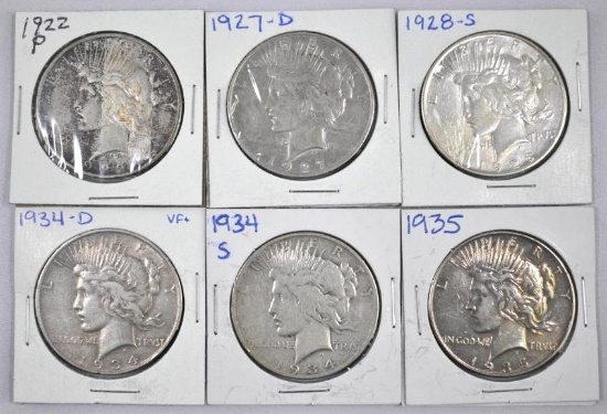 Group of (6) Peace Silver Dollars.