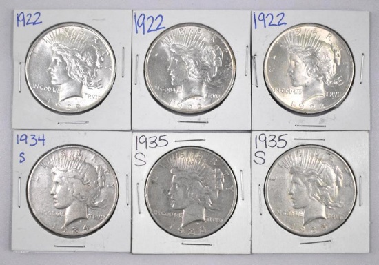 Group of (6) Peace Silver Dollars.