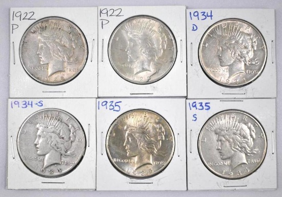 Group of (6) Peace Silver Dollars.