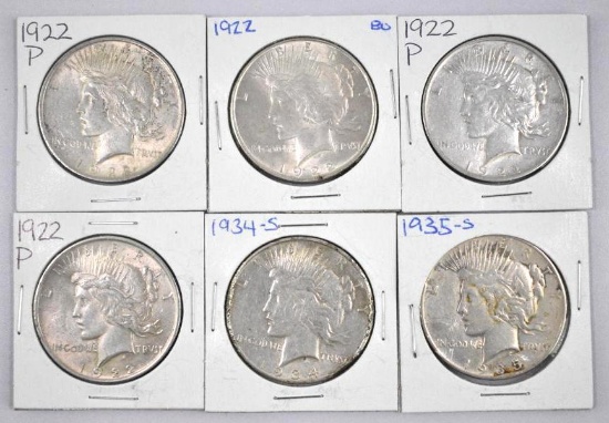 Group of (6) Peace Silver Dollars.