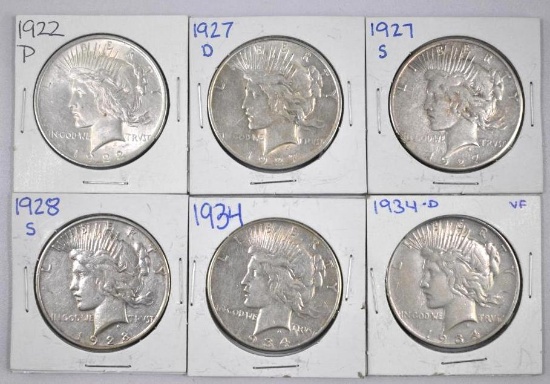 Group of (6) Peace Silver Dollars.