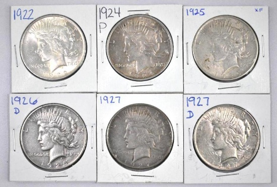 Group of (6) Peace Silver Dollars.