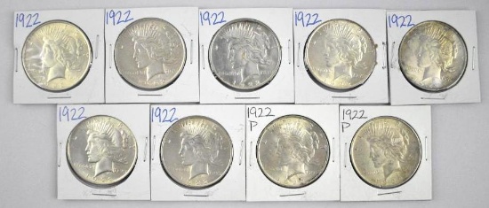 Group of (9) 1922 P Peace Silver Dollars.