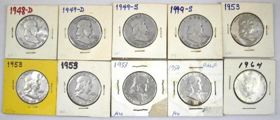 Group of (10) Franklin & Kennedy Silver Half Dollars.