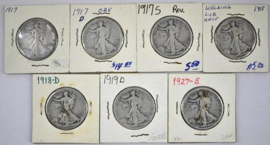 Group of (7) Walking Liberty Silver Half Dollars.