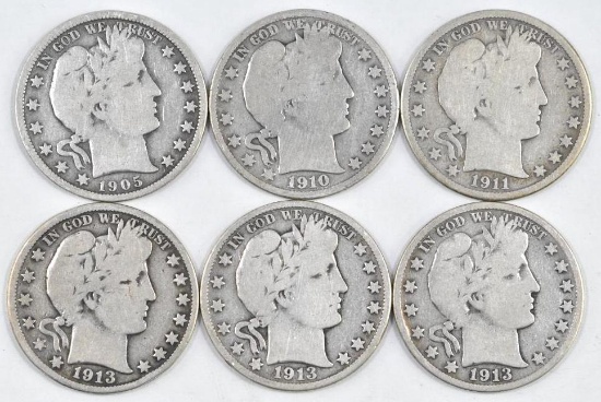 Group of (6) Low Mintage Barber Silver Half Dollars.