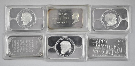 Group of (6) Vintage 1oz. .999 Fine Silver Art Bars / Ingots.