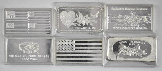 Group of (6) Vintage 1oz. .999 Fine Silver Art Bars / Ingots.