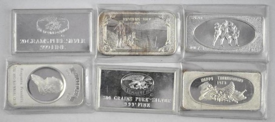 Group of (6) Vintage 1oz. .999 Fine Silver Art Bars / Ingots.