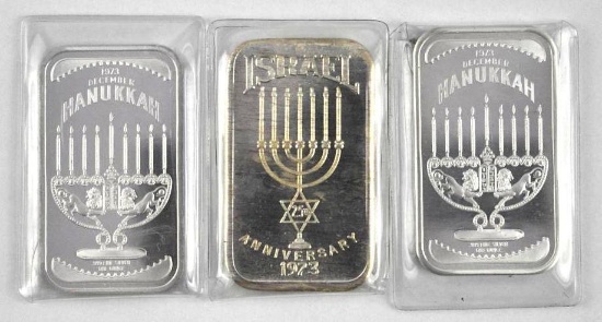 Group of (3) Vintage 1973 1oz. .999 Fine Silver Hanukkah Art Bars / Ingots.