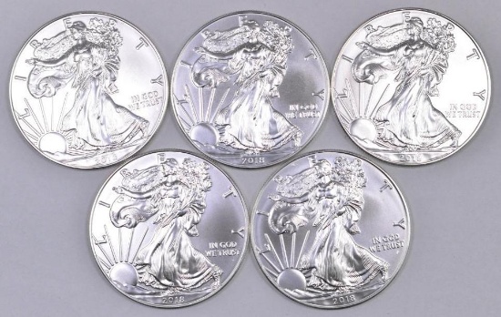 Group of (5) 2018 American Silver Eagle 1oz.