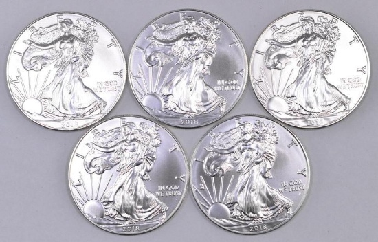 Group of (5) 2018 American Silver Eagle 1oz.