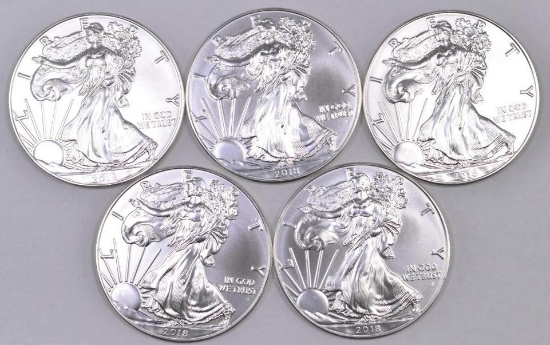 Group of (5) 2018 American Silver Eagle 1oz.
