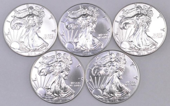 Group of (5) 2018 American Silver Eagle 1oz.