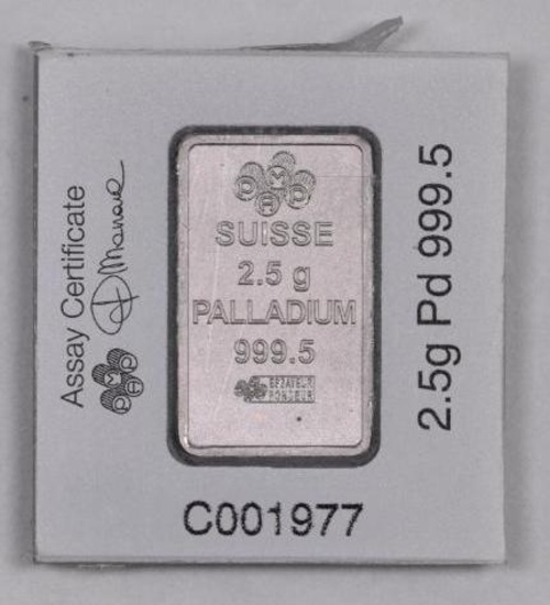 PAMP Suisse 2.5 Grams .9995 Fine Palladium Ingot / Bar.