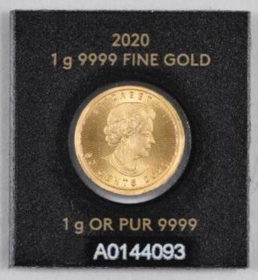 2020 Canada 50 Cents 1 Gram .9999 Fine Gold Round.
