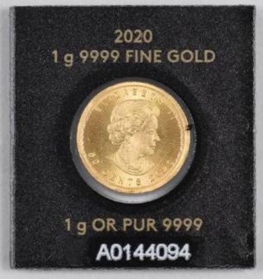 2020 Canada 50 Cents 1 Gram .9999 Fine Gold Round.