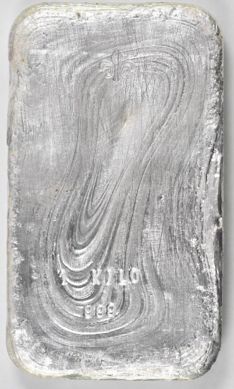 Fleur De Lis Hand Poured 32.15oz Silver marked .999 1 Kilo Ingot/Bar.