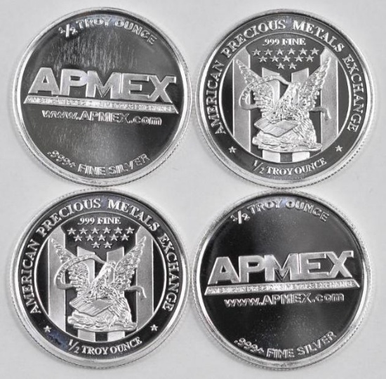 Group of (4) APMEX 1/2oz. .999 Fine Silver Rounds.