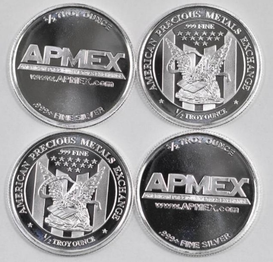 Group of (4) APMEX 1/2oz. .999 Fine Silver Rounds.
