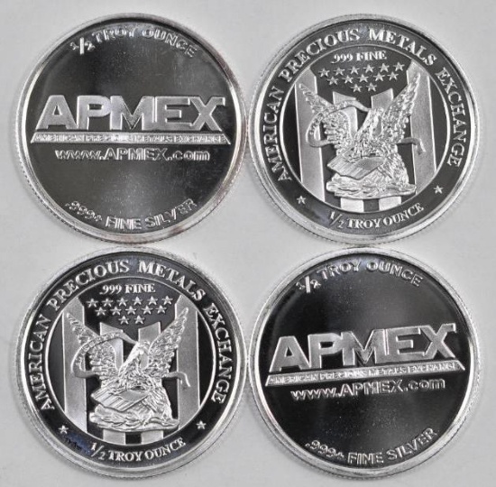 Group of (4) APMEX 1/2oz. .999 Fine Silver Rounds.
