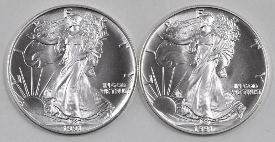 Group of (2) 1991 American Silver Eagles.