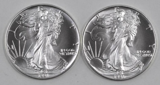 Group of (2) 1991 American Silver Eagles.