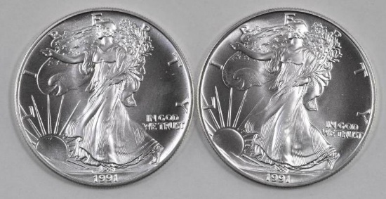 Group of (2) 1991 American Silver Eagles.