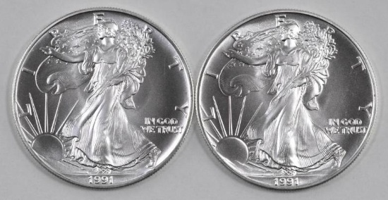 Group of (2) 1991 American Silver Eagles.