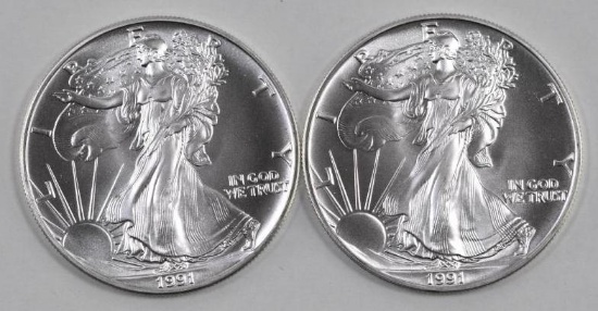 Group of (2) 1991 American Silver Eagles.