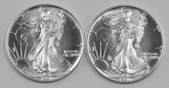 Group of (2) 1991 American Silver Eagles.
