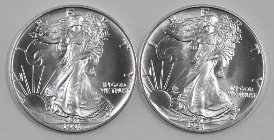 Group of (2) 1991 American Silver Eagles.
