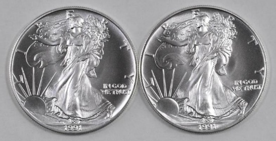 Group of (2) 1991 American Silver Eagles.