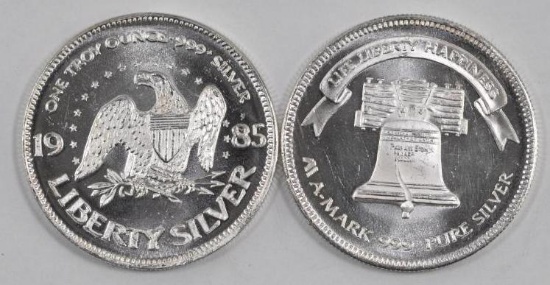 Group of (2) Vintage 1985 AMark Life Liberty Happiness 1oz. .999 Fine Silver Rounds.