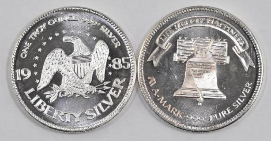 Group of (2) 1985 AMark Life Liberty Happiness 1oz. .999 Fine Silver Rounds.