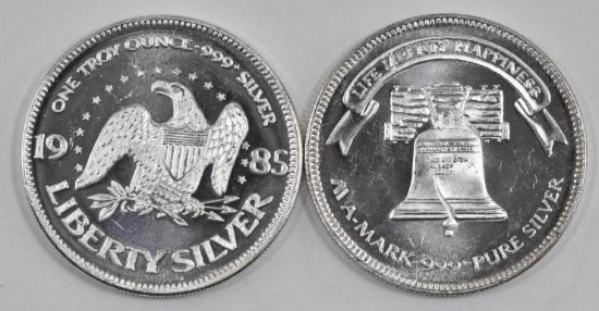 Group of (2) Vintage 1985 AMark Life Liberty Happiness 1oz. .999 Fine Silver Rounds.