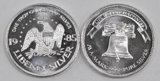 Group of (2) Vintage 1985 AMark Life Liberty Happiness 1oz. .999 Fine Silver Rounds.