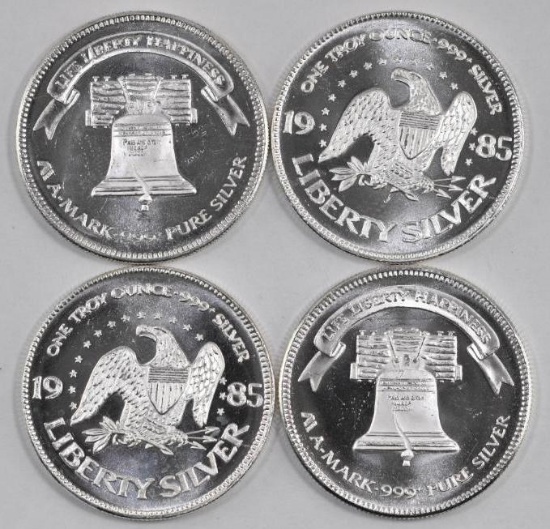 Group of (4) Vintage 1985 AMark Life Liberty Happiness 1oz. .999 Fine Silver Rounds.