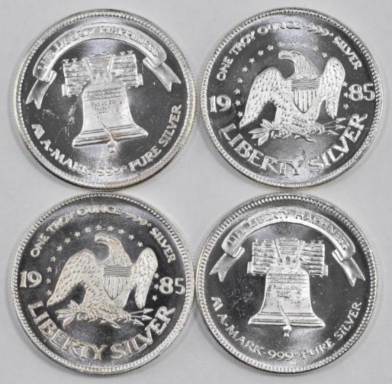 Group of (4) Vintage 1985 AMark Life Liberty Happiness 1oz. .999 Fine Silver Rounds.