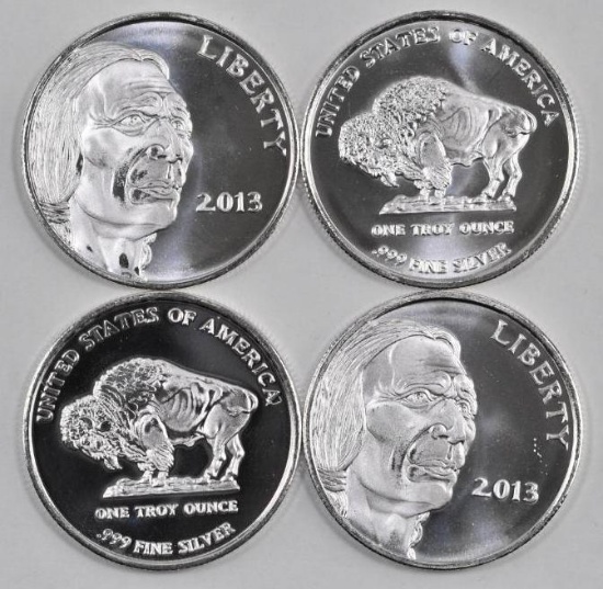 Group of (4) 2013 Indian / Buffalo 1oz. .999 Fine Silver Round.