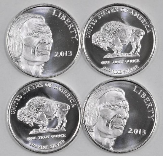 Group of (4) 2013 Indian / Buffalo 1oz. .999 Fine Silver Round.